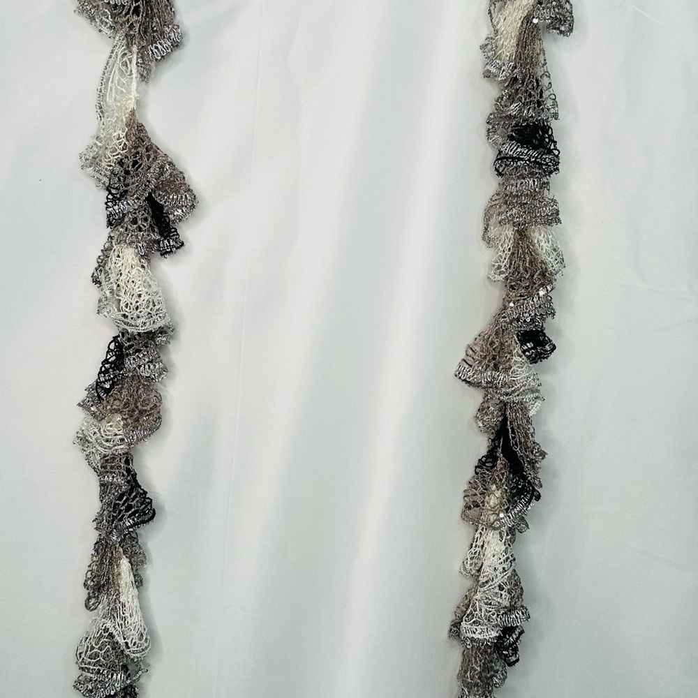 Whimsical Skinny Ruffled Scarf in Black, Gray, and White with sequins crochet